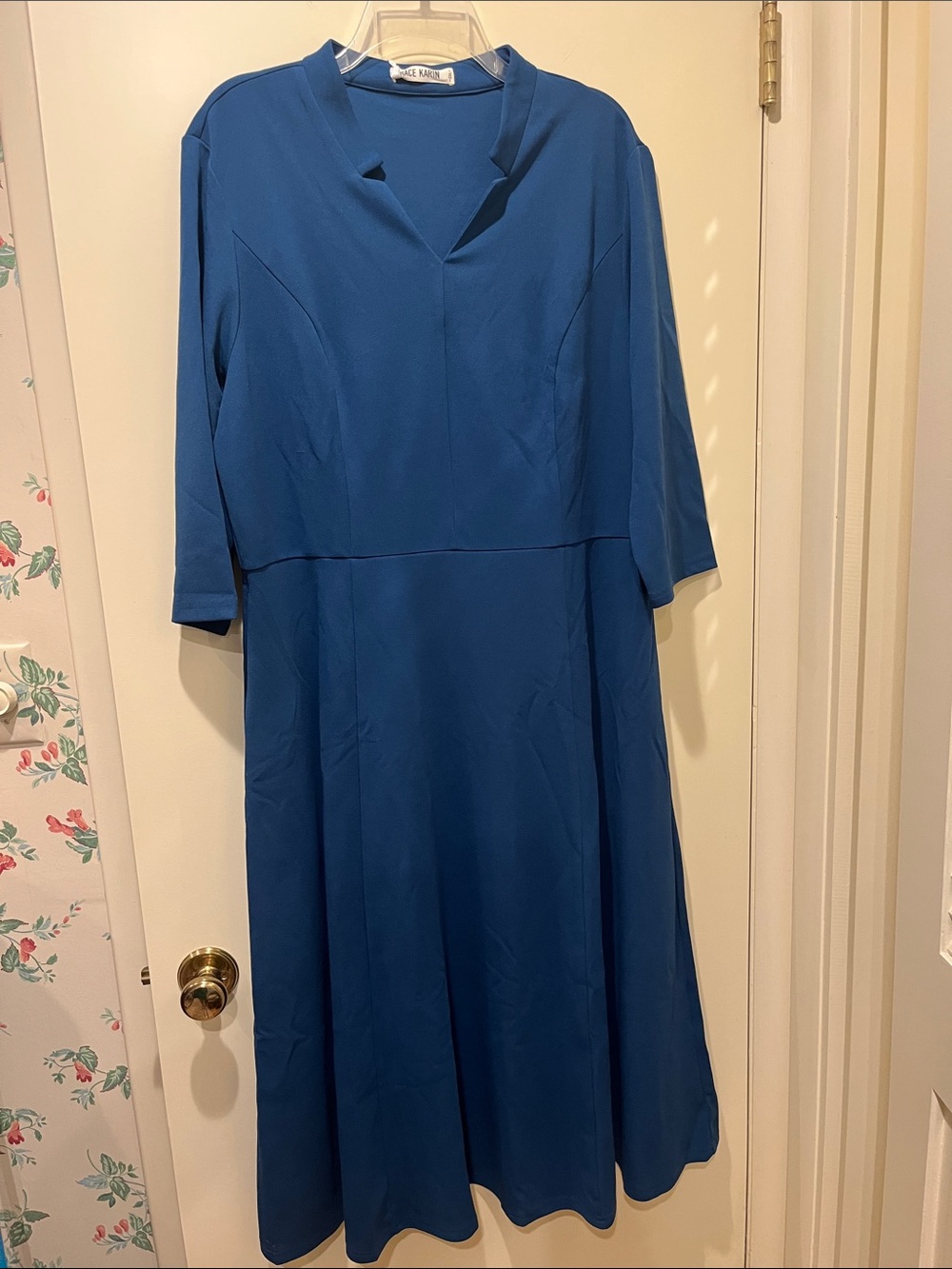 Grace Karin Blue Midi Dress with V-Notch Collar